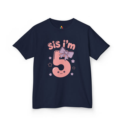 Navy kids' t‑shirt with pink "Sis I'm 5" design, bow, and stars, flat front view.