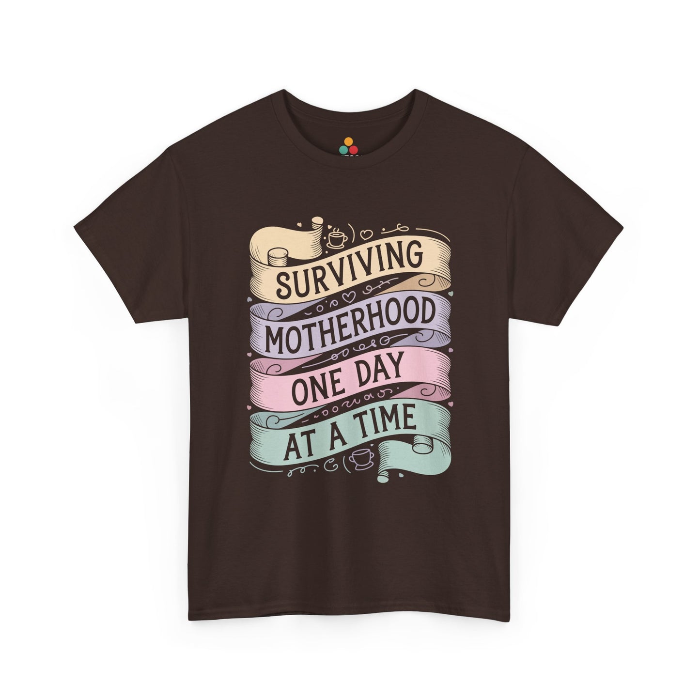 TEEZOCA brown “Surviving Motherhood One Day At A Time” pastel ribbon graphic tee displayed flat.