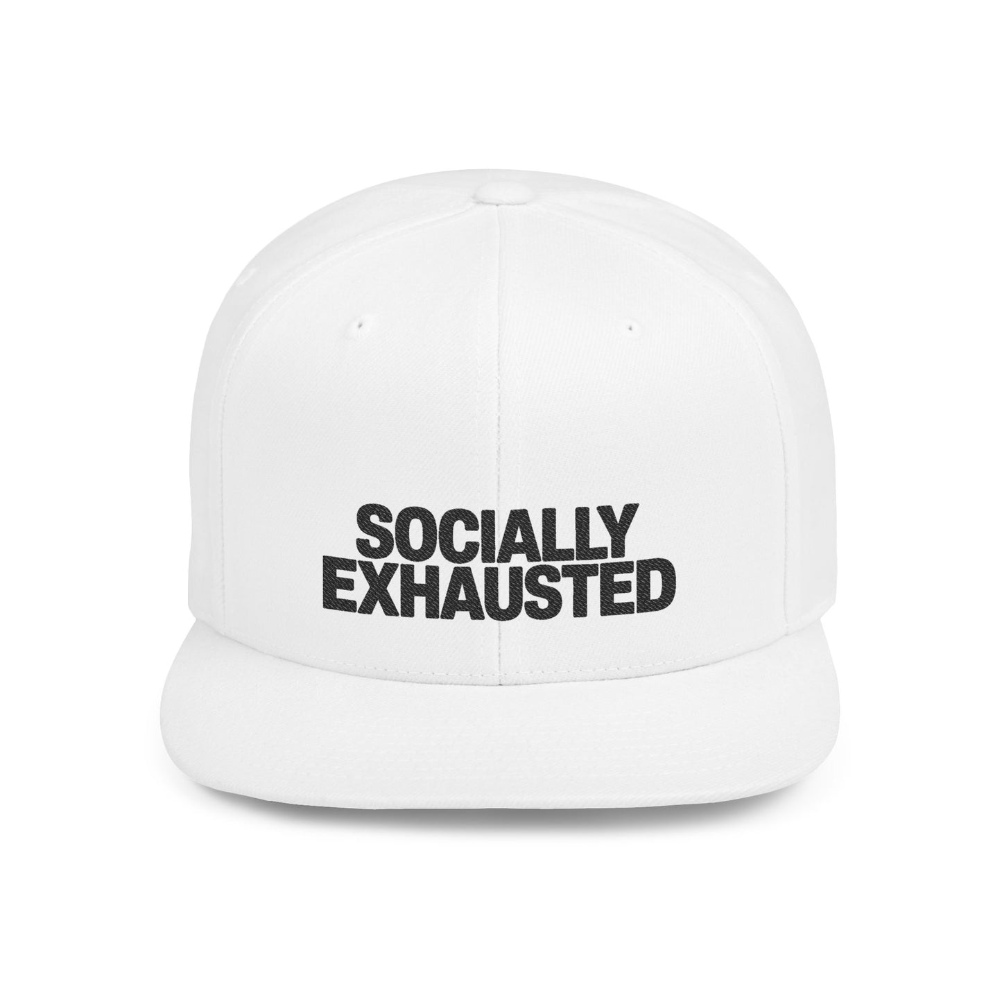 White cap with 'SOCIALLY EXHAusted' text on a white background