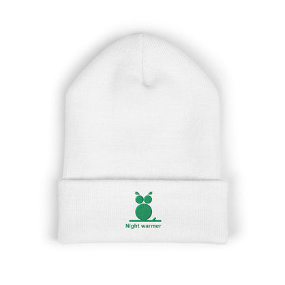 Night Warmer beanie with nature-inspired embroidered icon on cuffed knit hat