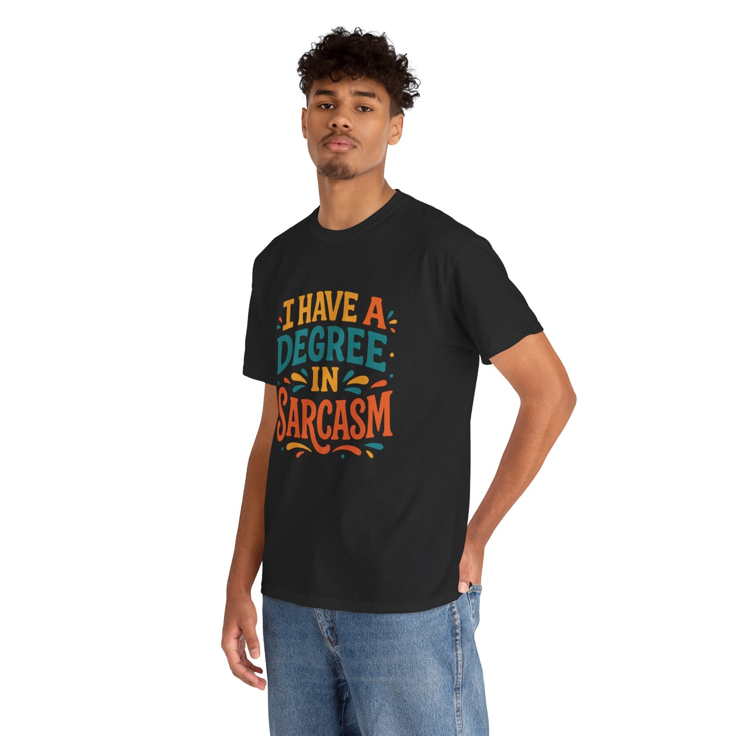 “Male model in Teezoca I Have a Degree in Sarcasm shirt, funny sarcastic humor tee with bright typography, black shirt, front.”

