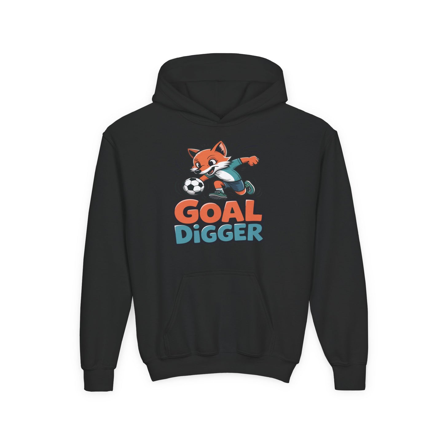 Youth DTG hoodie with cartoon fox character dribbling a soccer ball TEEZOCA