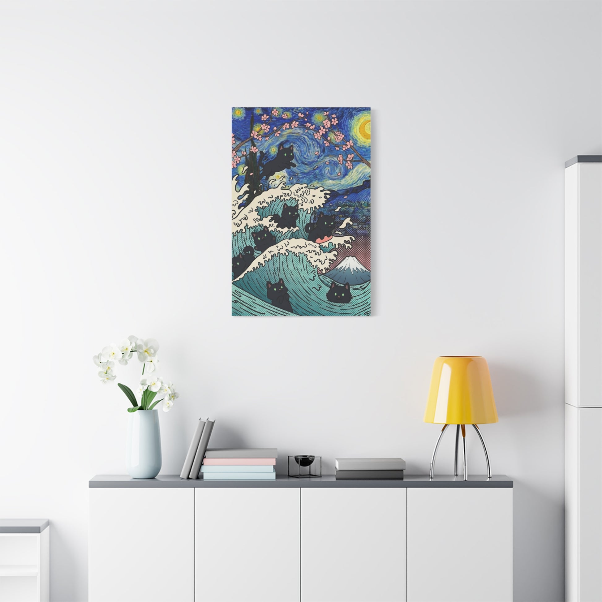 Starry Night Black Cat Wave Canvas Art – Aesthetic Fine Art Decor | TEEZOCA 