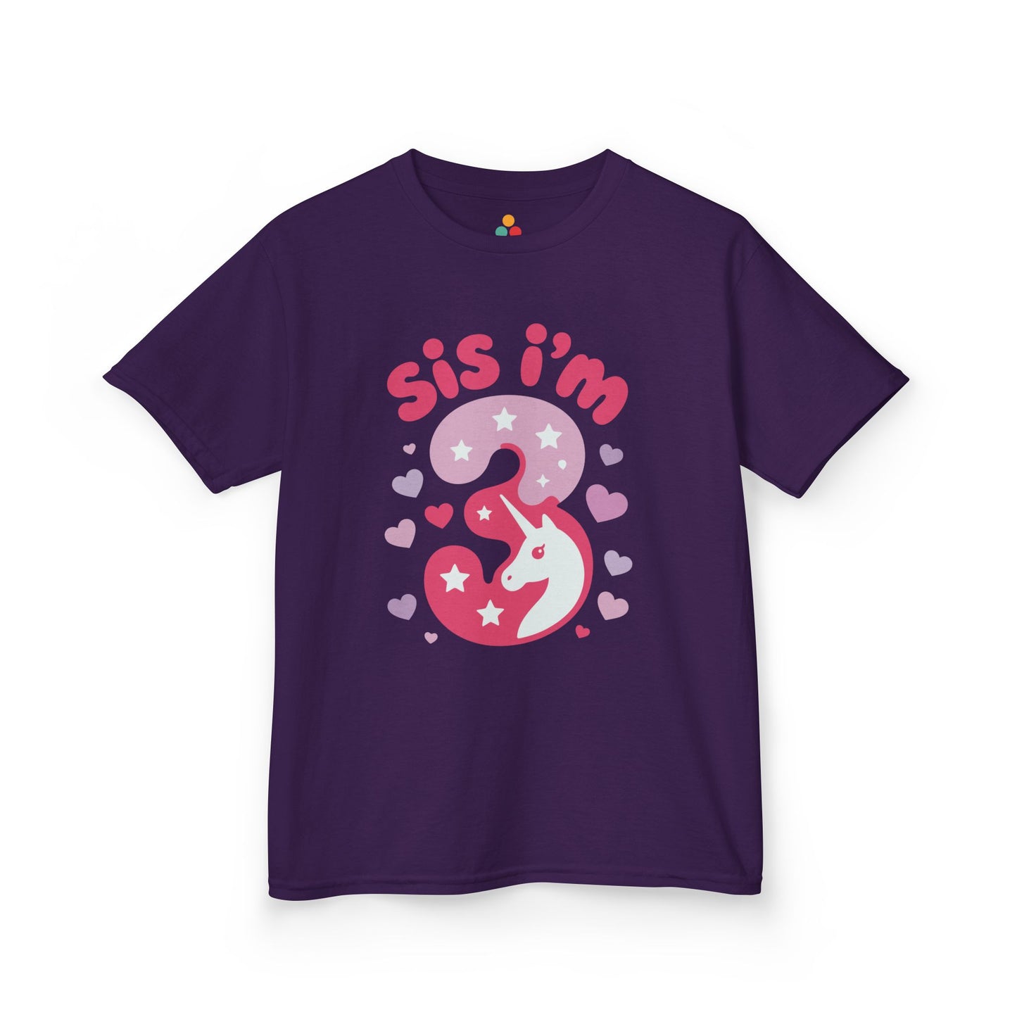 "purple 'Sis I'm 3' unicorn birthday shirts with pink number 3 and hearts, flat front view."