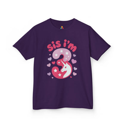 "purple 'Sis I'm 3' unicorn birthday shirts with pink number 3 and hearts, flat front view."