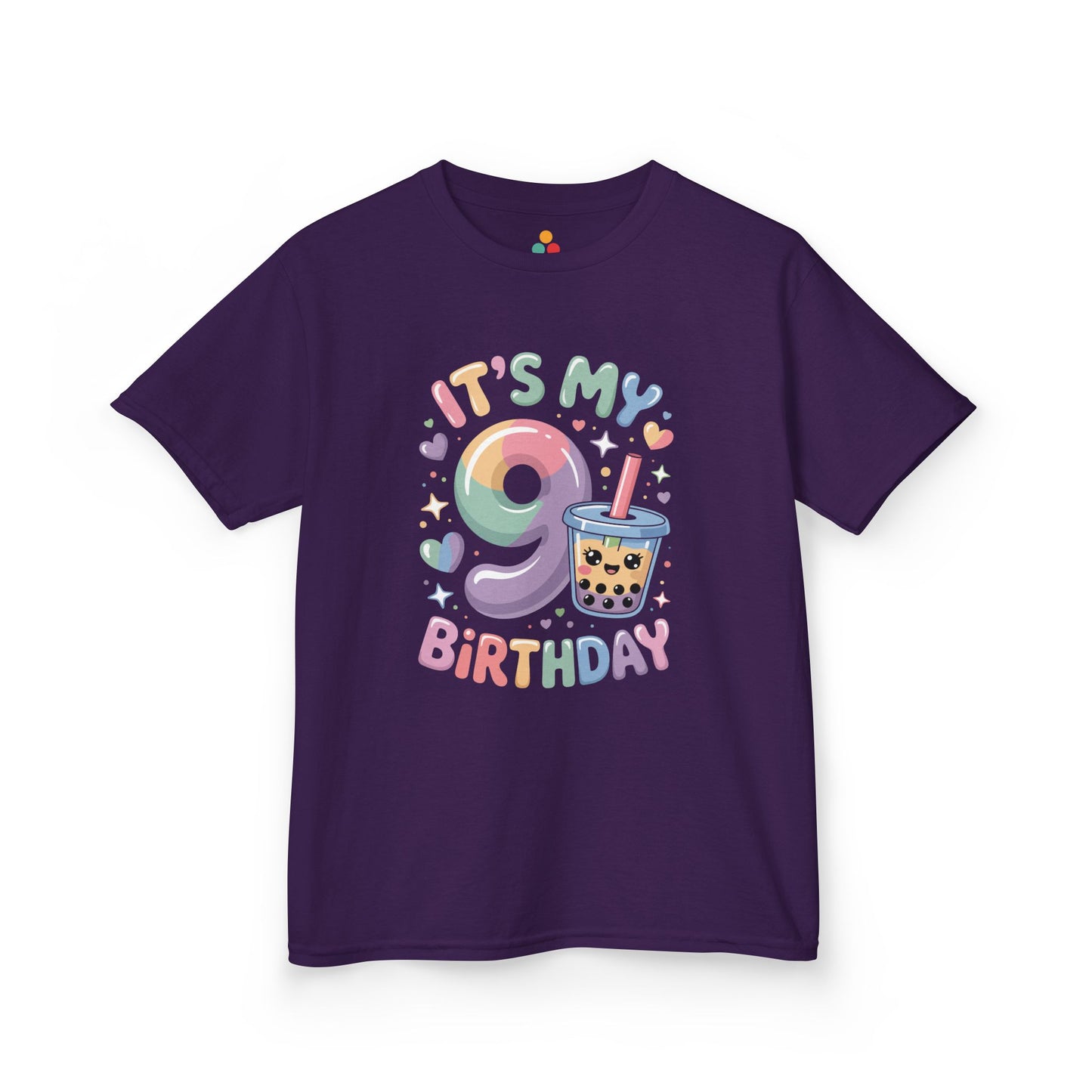 "Purple 'It's My 9th Birthday' boba tea shirt, soft pastel number 9 with colorful tea cup graphic, flat front."
