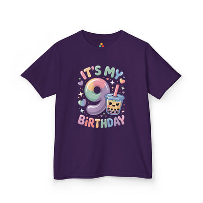 "Purple 'It's My 9th Birthday' boba tea shirt, soft pastel number 9 with colorful tea cup graphic, flat front."
