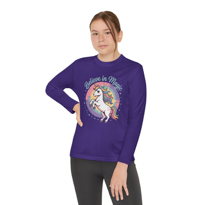 Youth Long Sleeve Tee – "Believe in Magic" Rainbow Unicorn Graphic TEEZOCA