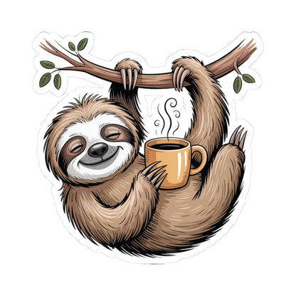 TEEZOCA cute sloth coffee sticker showing a relaxed sloth holding a warm mug