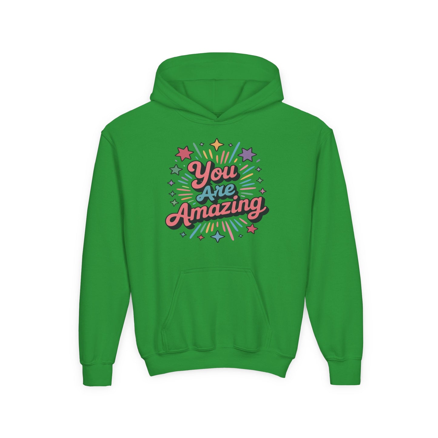 Youth DTG hoodie featuring bright stars and You Are Amazing text TEEZOCA