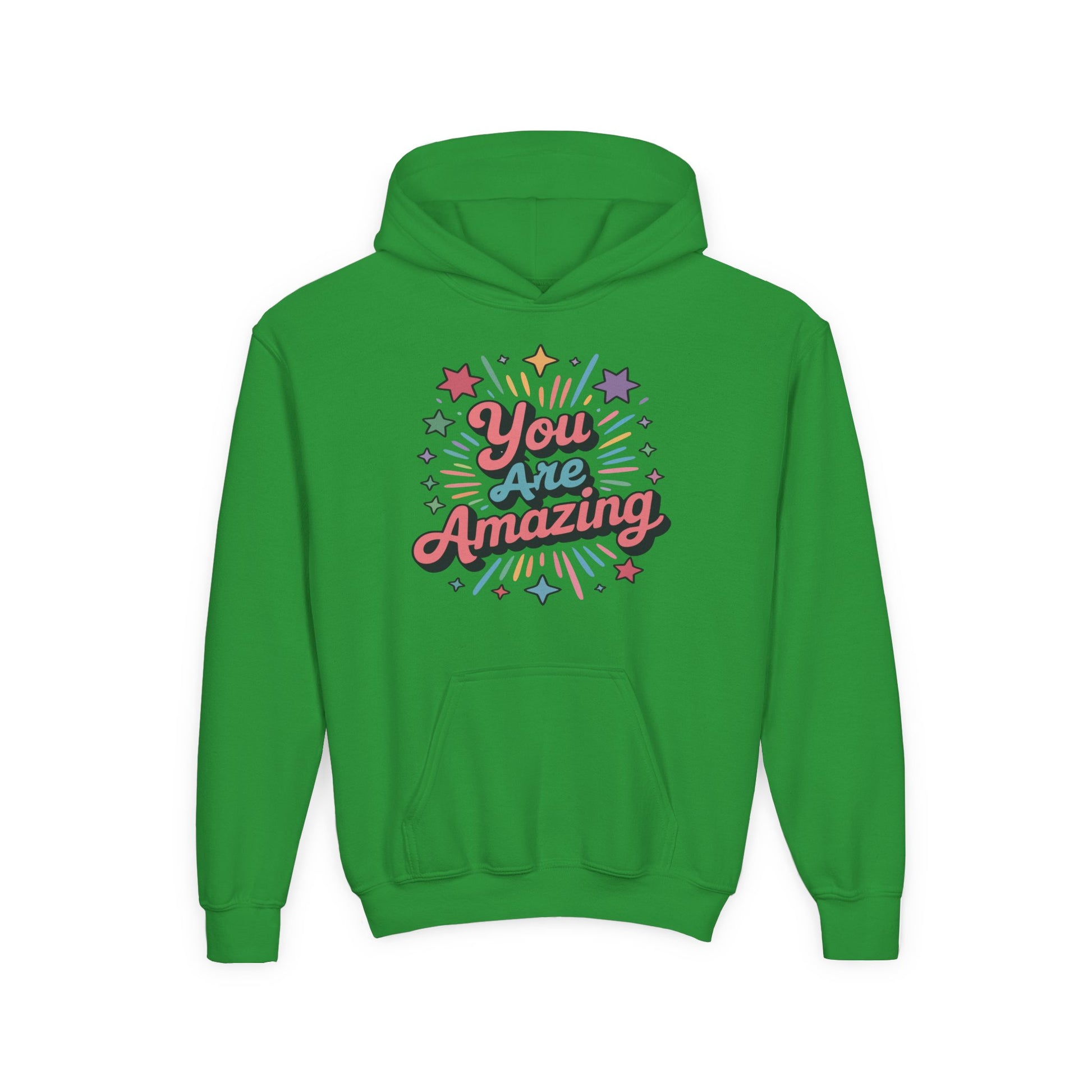 Youth DTG hoodie featuring bright stars and You Are Amazing text TEEZOCA