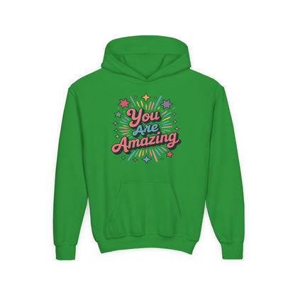 Youth DTG hoodie featuring bright stars and You Are Amazing text TEEZOCA