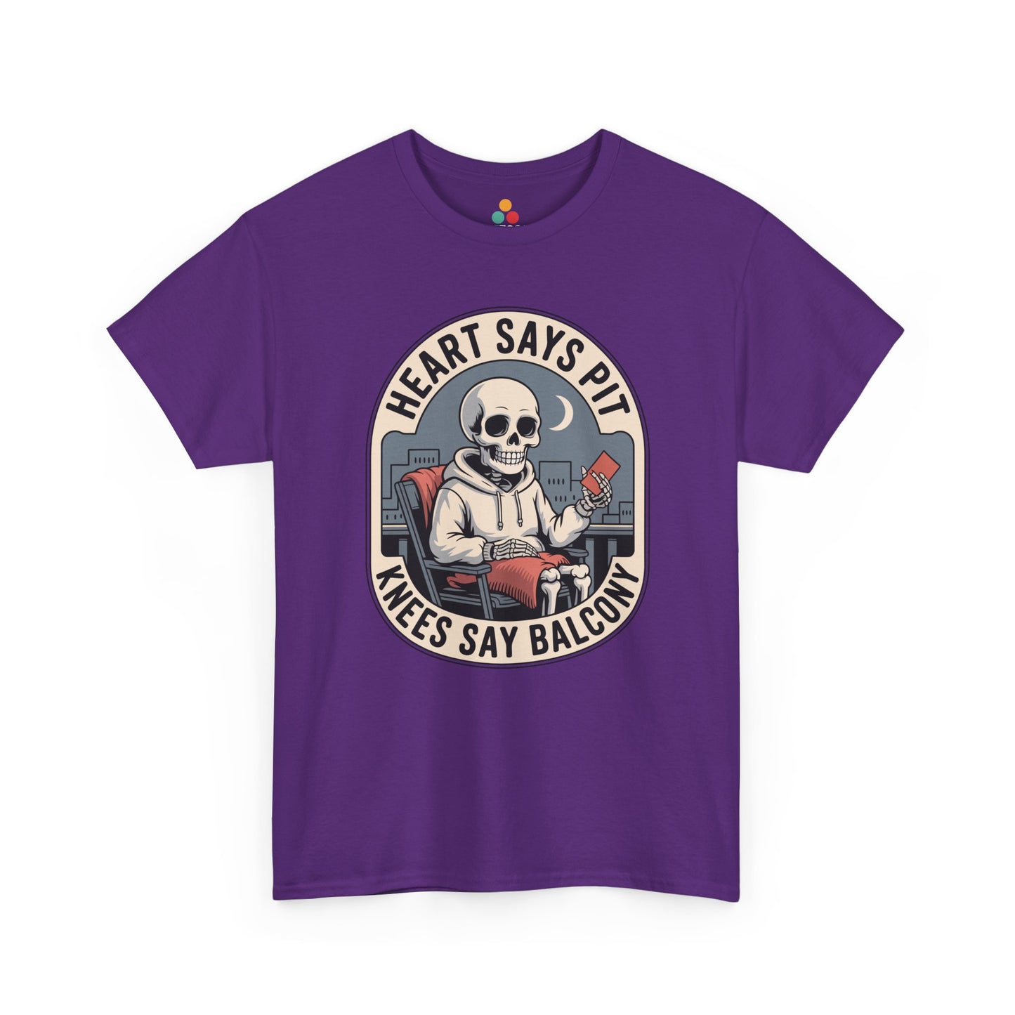 Purple t-shirt mockup with skeleton boxing gloves heart says pit knees say balcony badge, front print.​

