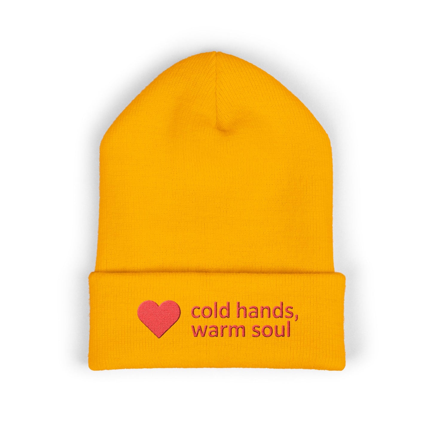 Red heart embroidered beanie for winter outfits with cold hands warm soul design