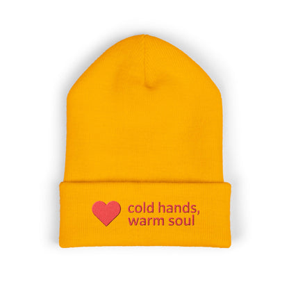 Red heart embroidered beanie for winter outfits with cold hands warm soul design