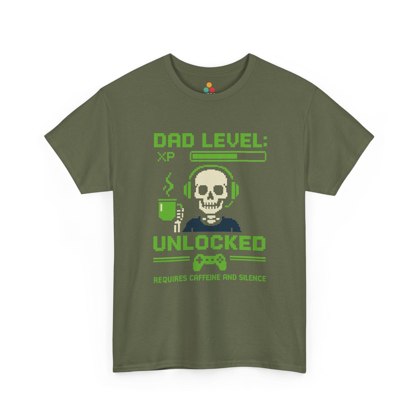 “Army green ‘Dad Level: XP Unlocked – Requires Caffeine and Silence’ shirt with bright green pixel artwork, flat view.”

