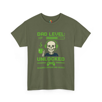 “Army green ‘Dad Level: XP Unlocked – Requires Caffeine and Silence’ shirt with bright green pixel artwork, flat view.”

