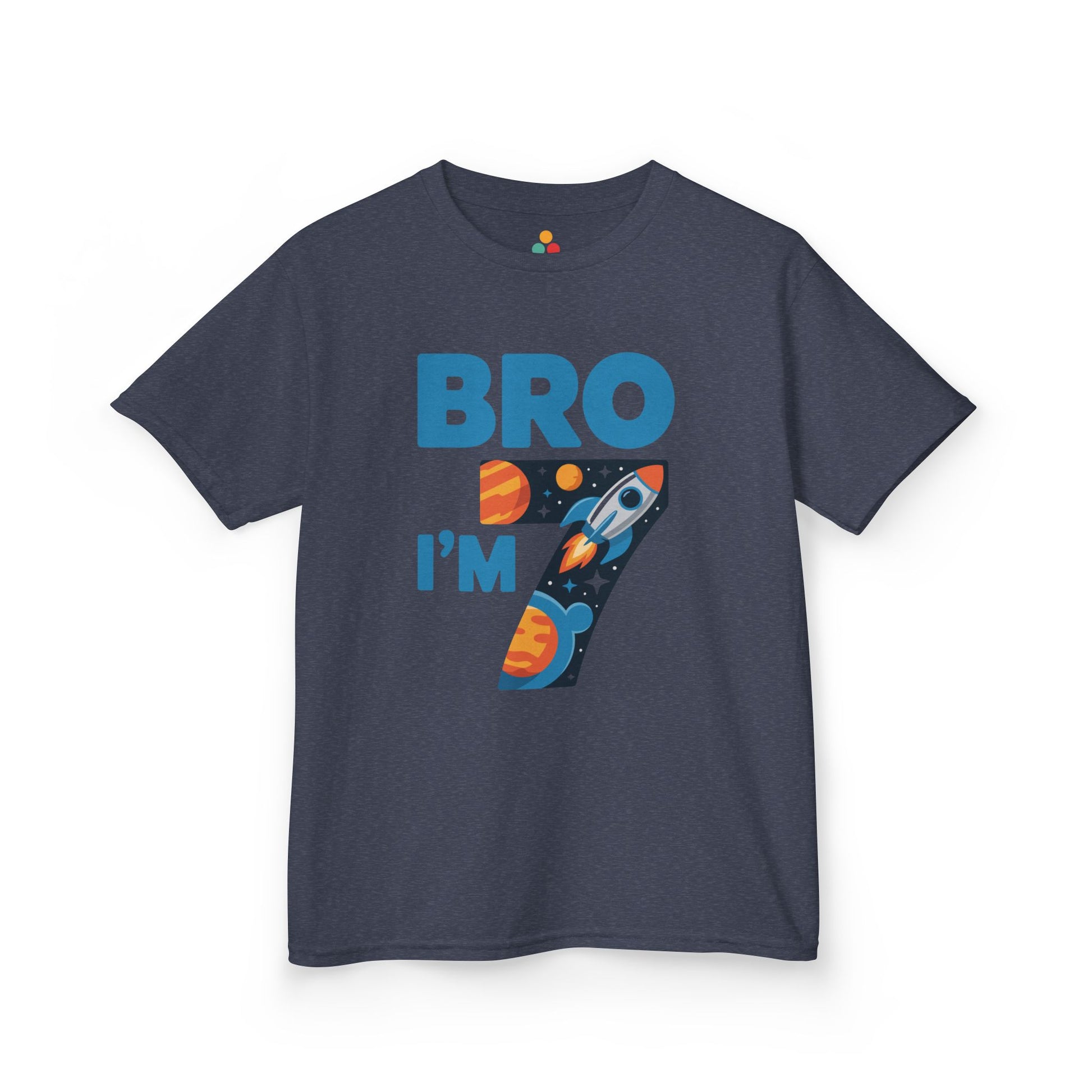 Navy blue t-shirt with space-themed design and 'Bro I'm 7' text on a white background