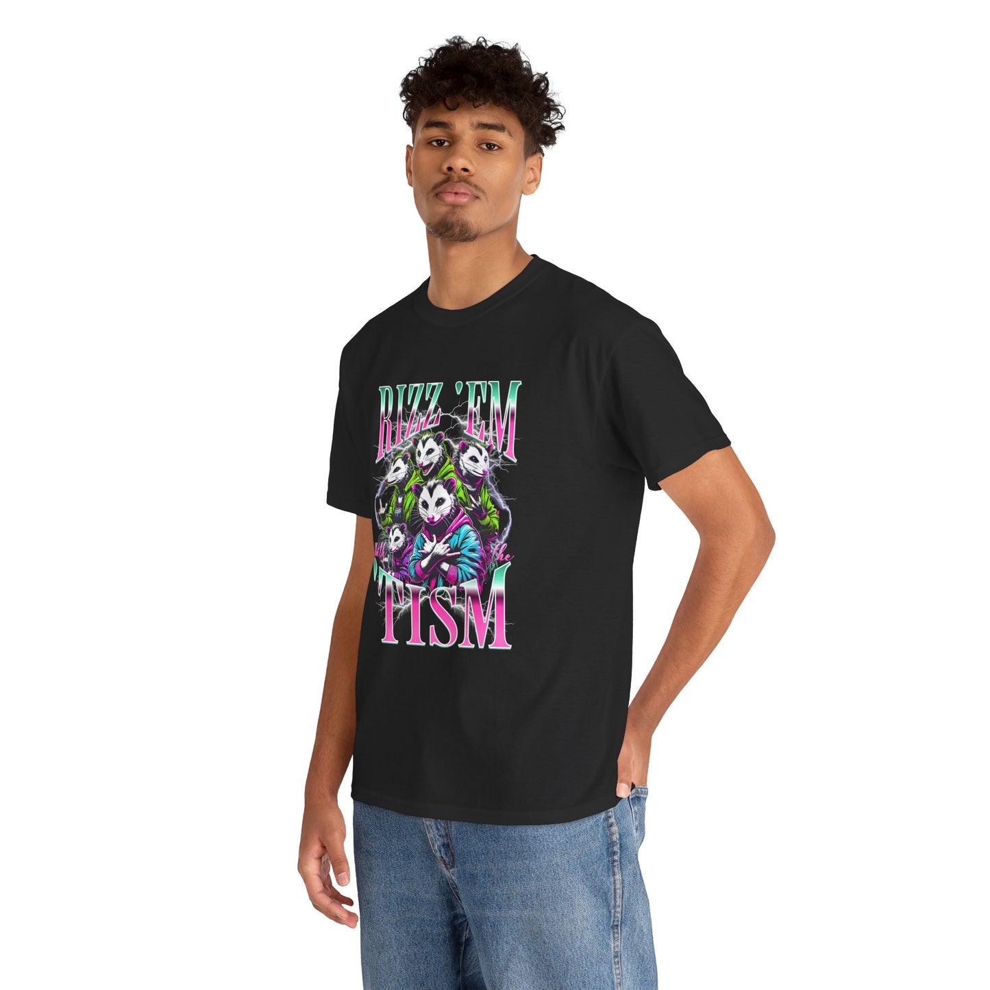 “Person wearing black ‘Rizz ’Em With the ’Tism’ neon opossum autism meme t‑shirt, front view.”

