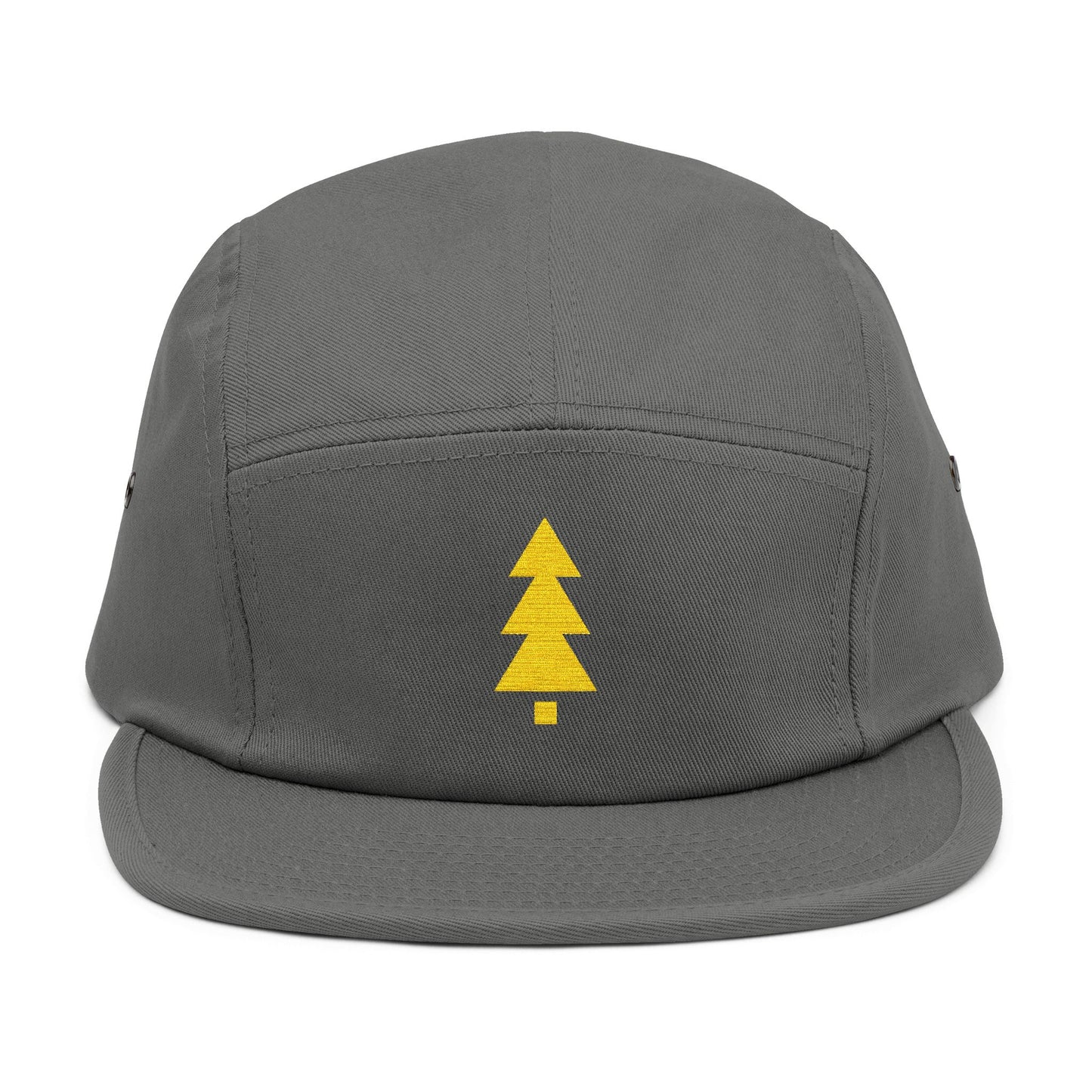 Gray cap with a yellow tree logo on a white background. Minimalist geometric Christmas tree embroidery icon in gold. TEEZOCA