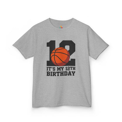 Heather grey kids’ t‑shirt with big black “12” and orange basketball plus “It’s My 12th Birthday” sports graphic, flat front view.
