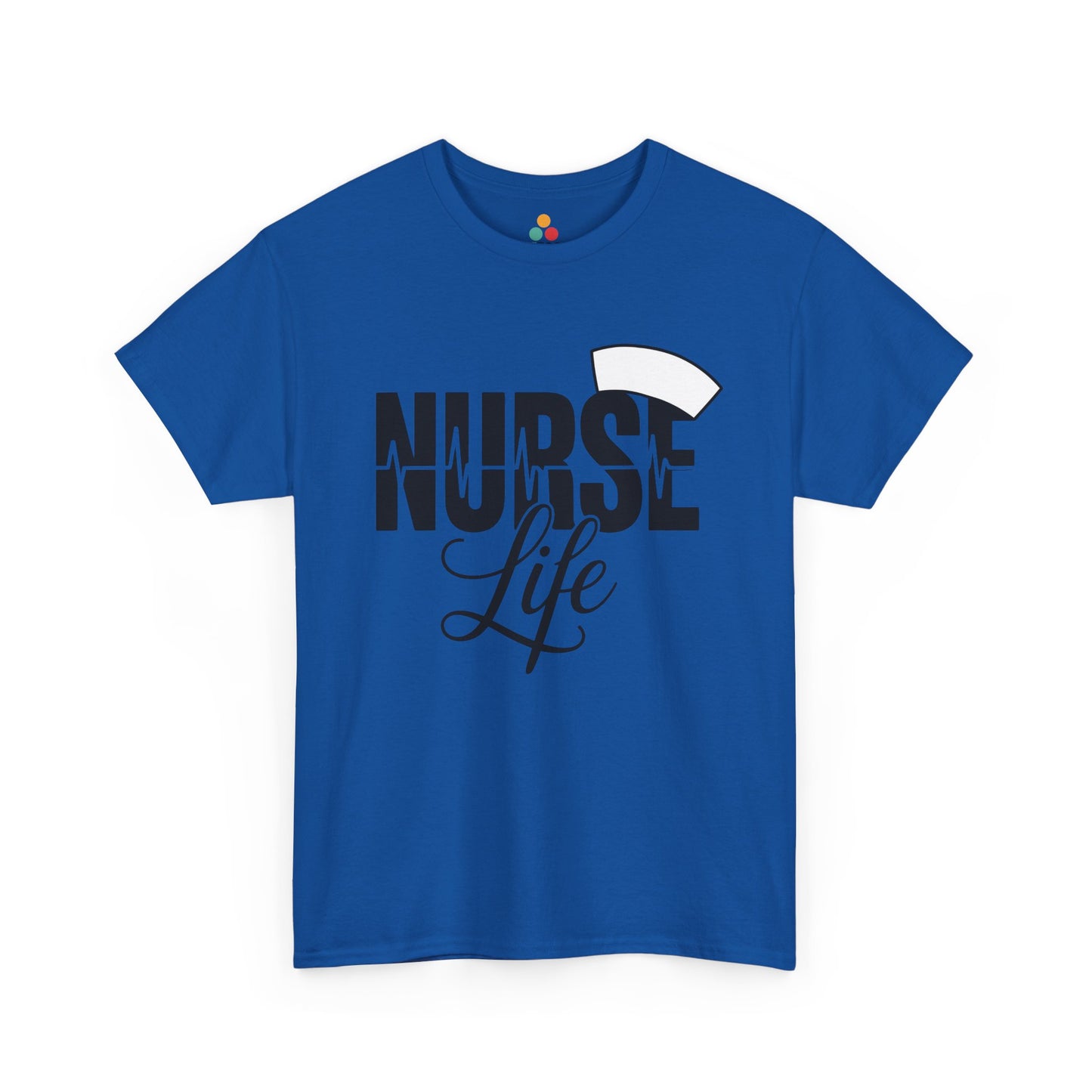 “Teezoca Nurse Life shirt, bold nurse text with heartbeat graphic, Royal blue tee, flat front display.”
