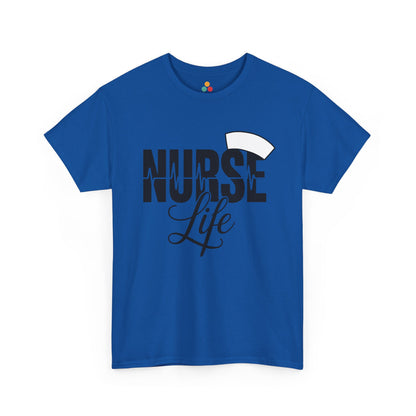 “Teezoca Nurse Life shirt, bold nurse text with heartbeat graphic, Royal blue tee, flat front display.”
