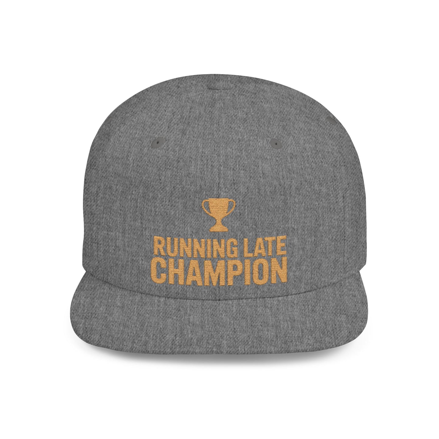 Gray cap with 'Running Late Champion' text and trophy graphic on a white background