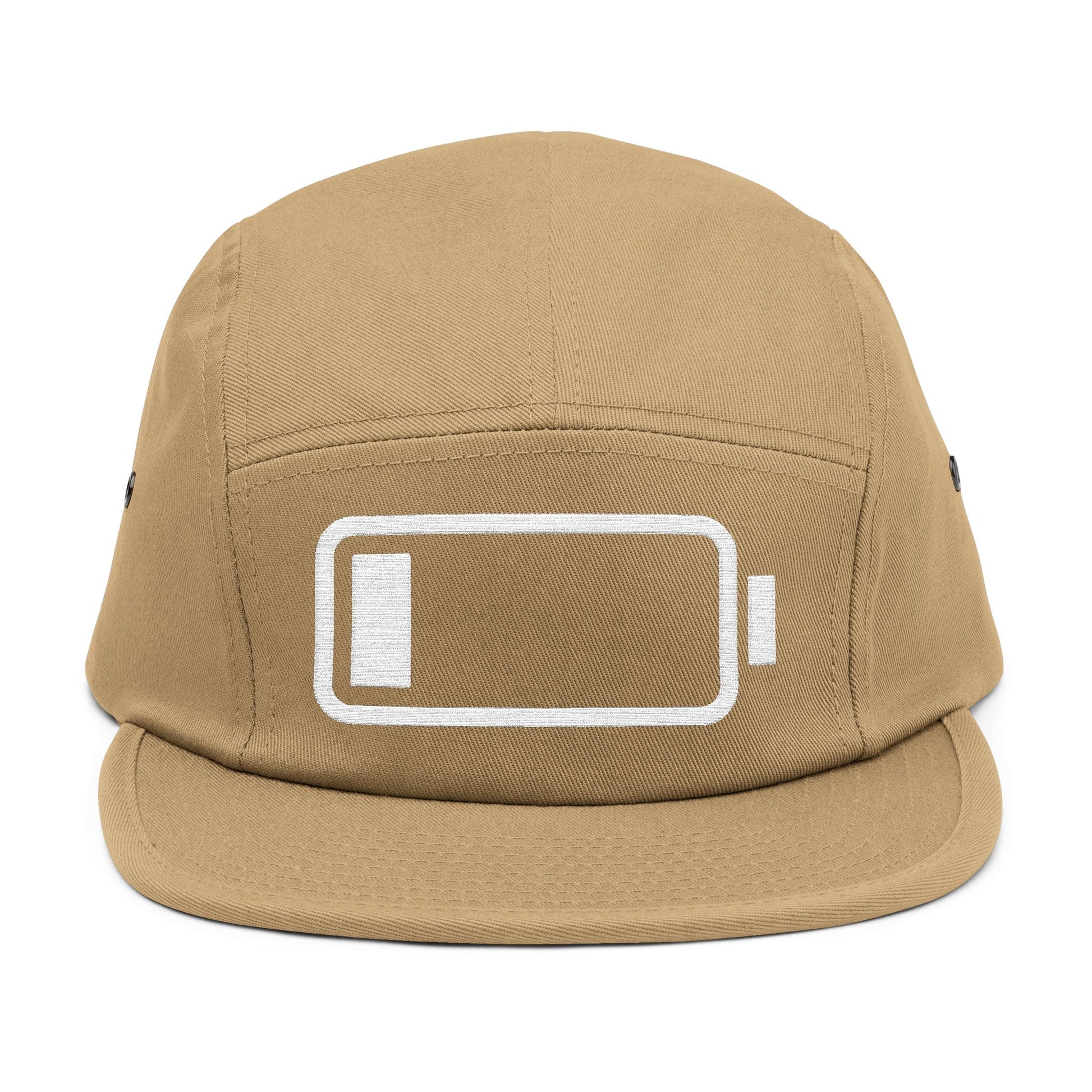 Beige cap with a battery icon design on a white background. Minimal low battery icon embroidered on 5-panel cap. TEEZOCA