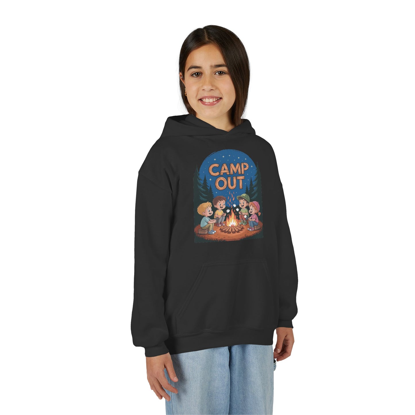 Camp Out Kids Hoodie — Youth Camping Hooded Sweatshirt with Campfire Design TEEZOCA