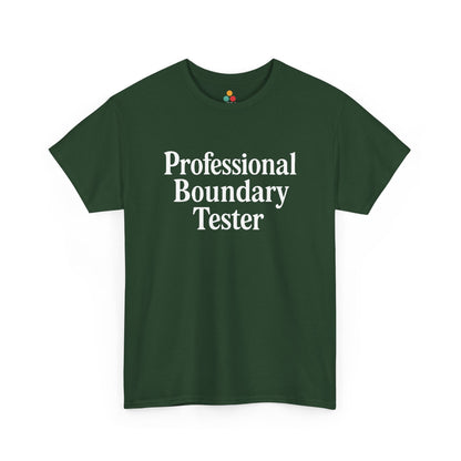 "Olive green t‑shirt with white 'Professional Boundary Tester' slogan, flat view."
