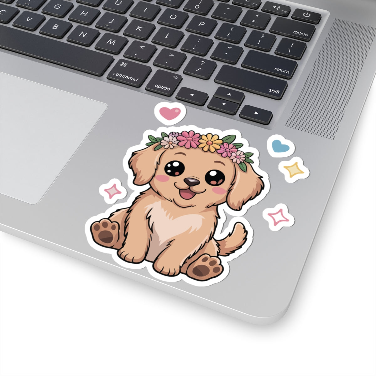 TEEZOCA cute kawaii puppy flower crown sticker with smiling pastel dog illustration