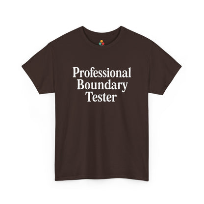 "Brown graphic tee featuring white 'Professional Boundary Tester' text design, flat front."

