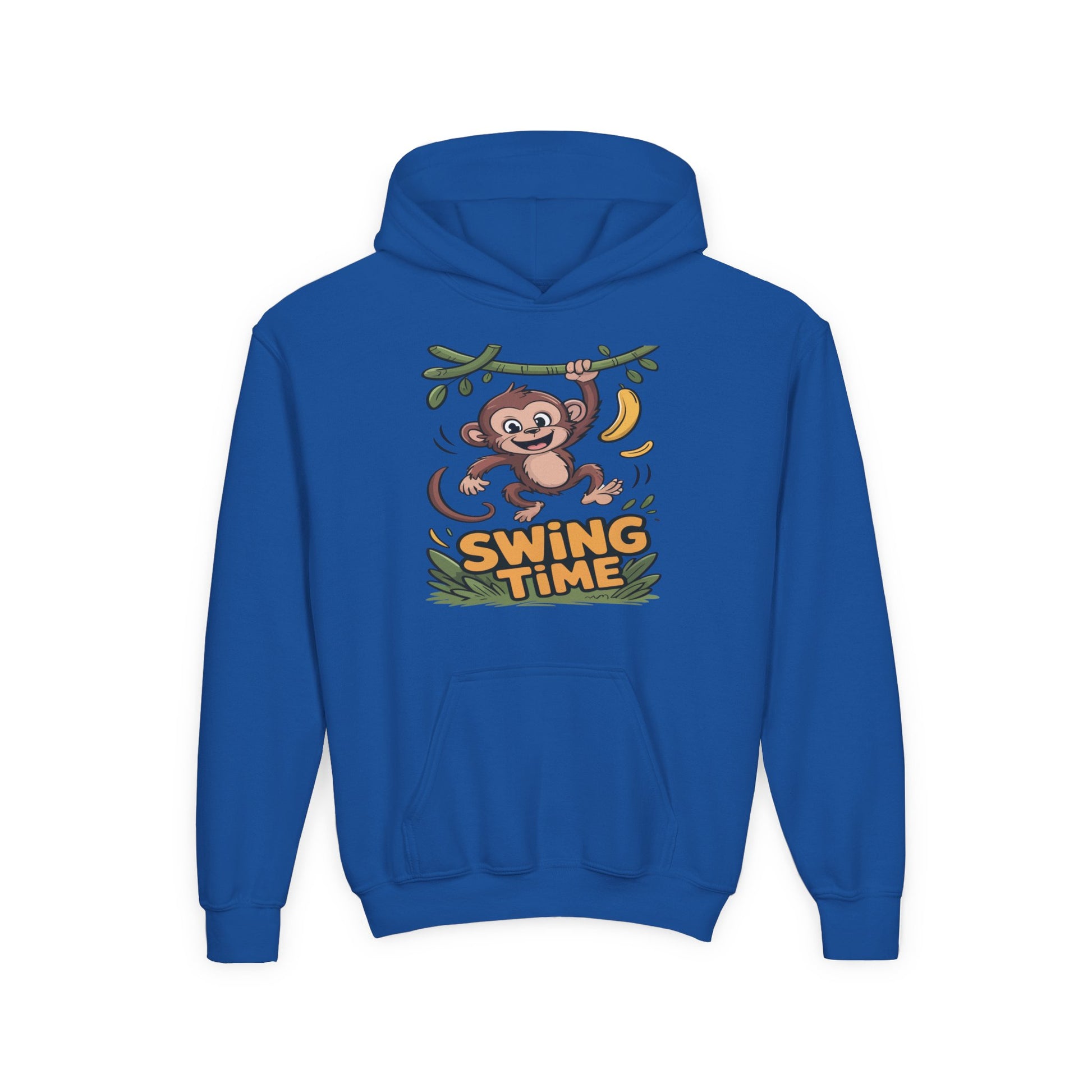 Youth hoodie featuring a happy cartoon monkey swinging with bananas illustration