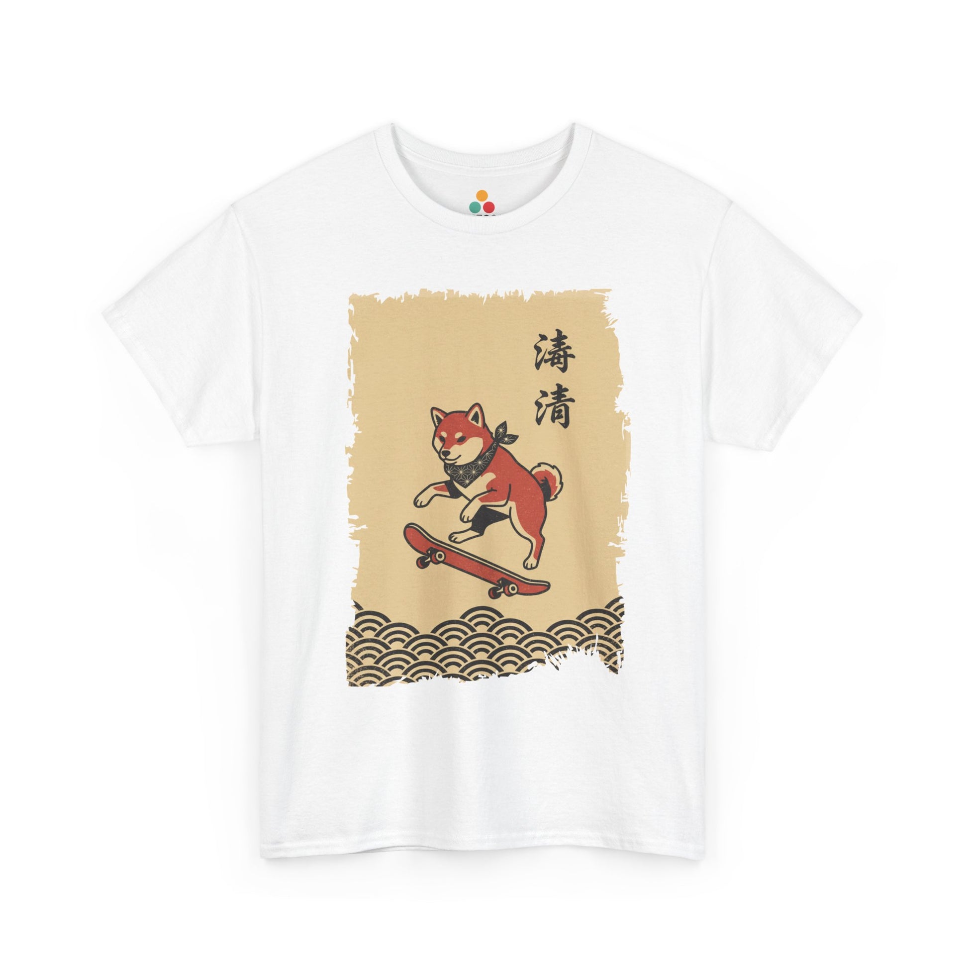 Vintage Japanese ukiyo-e style Shiba Inu skateboarding with wave pattern.​

