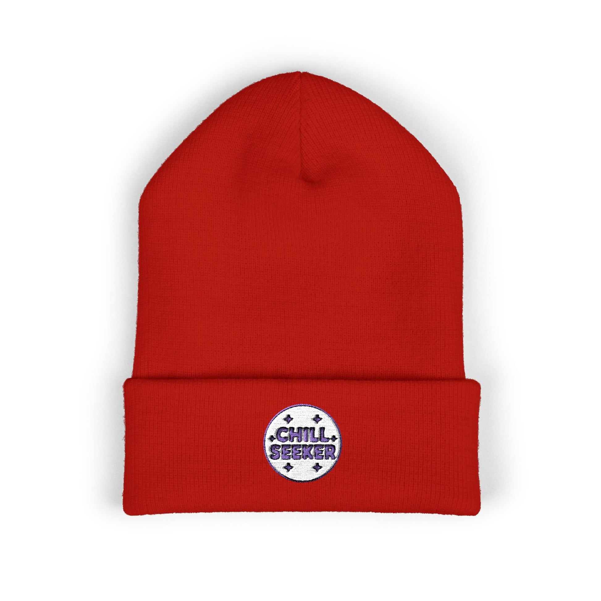 Red beanie with a 'Chill Seeker' patch on a white background