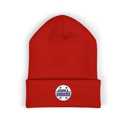 Red beanie with a 'Chill Seeker' patch on a white background