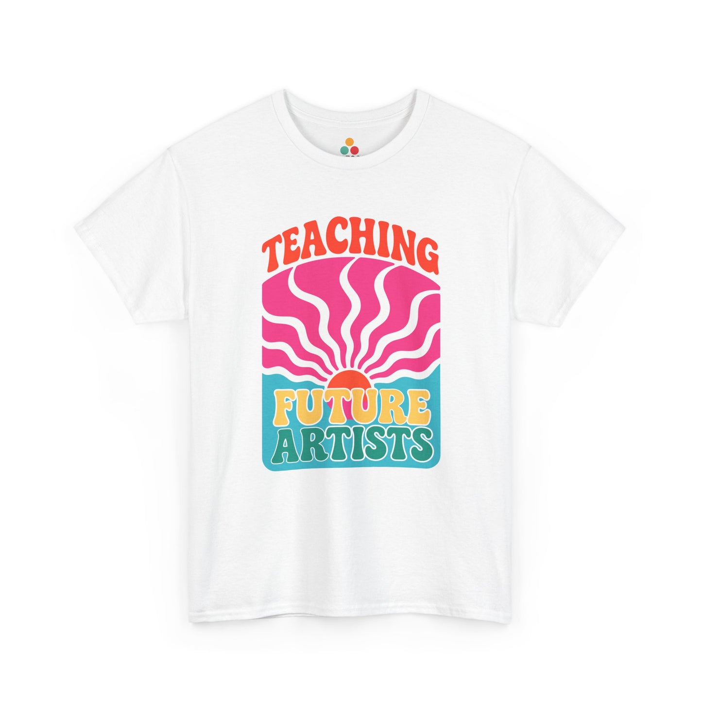 "White t‑shirt with colorful paint palette and brush design above the words 'TEACHING FUTURE ARTISTS,' flat front view."

