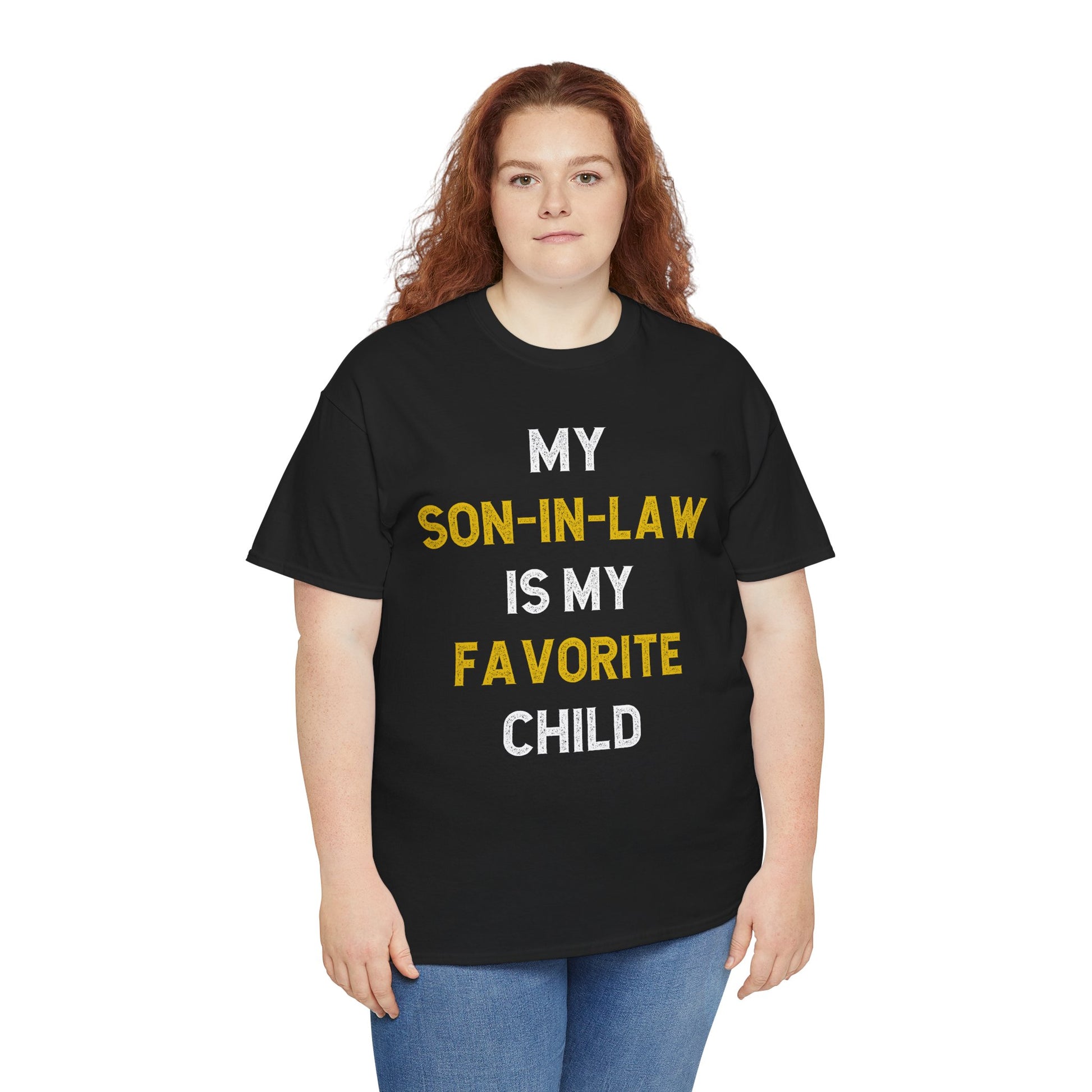 Woman wearing a black TEEZOCA “My Son‑In‑Law Is My Favorite Child” funny in‑law tee with jeans.