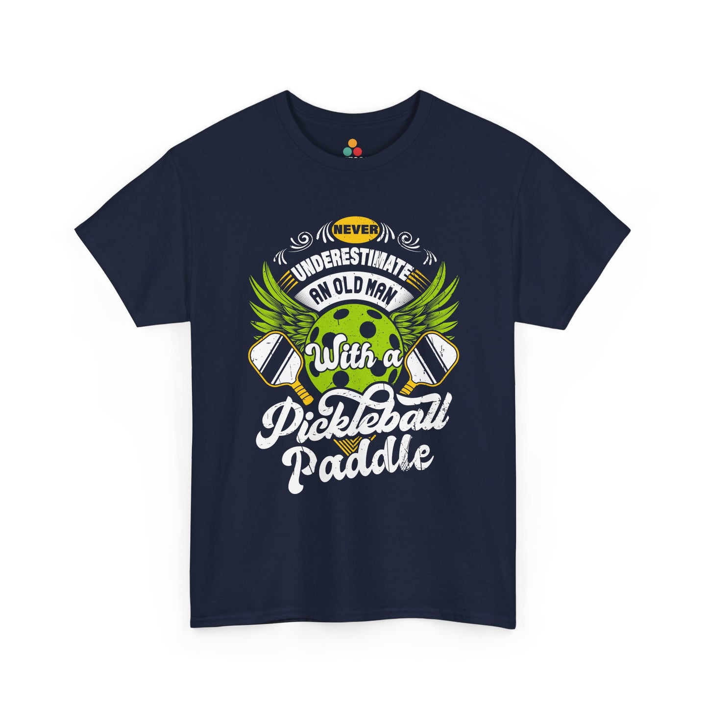 “Teezoca navy blue Never Underestimate an Old Man with a Pickleball Paddle shirt, green pickleball with wings and paddles, funny older men’s sports tee, front.”

