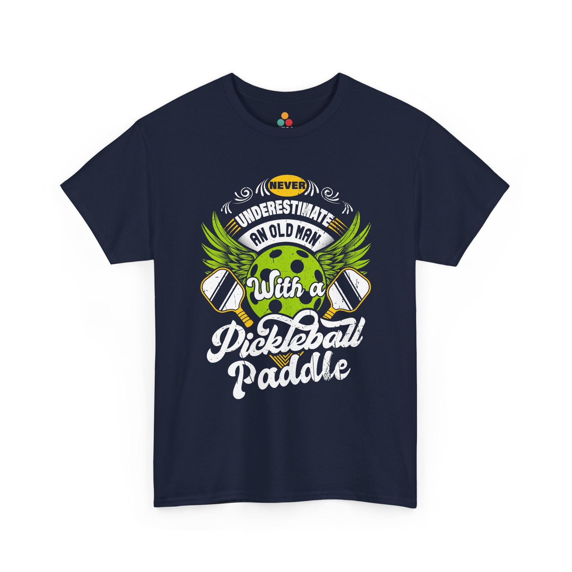 “Teezoca navy blue Never Underestimate an Old Man with a Pickleball Paddle shirt, green pickleball with wings and paddles, funny older men’s sports tee, front.”

