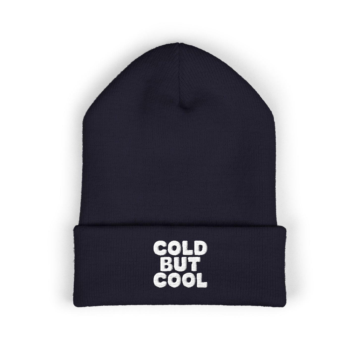 Navy beanie with 'Cold But Cool' text on a white background