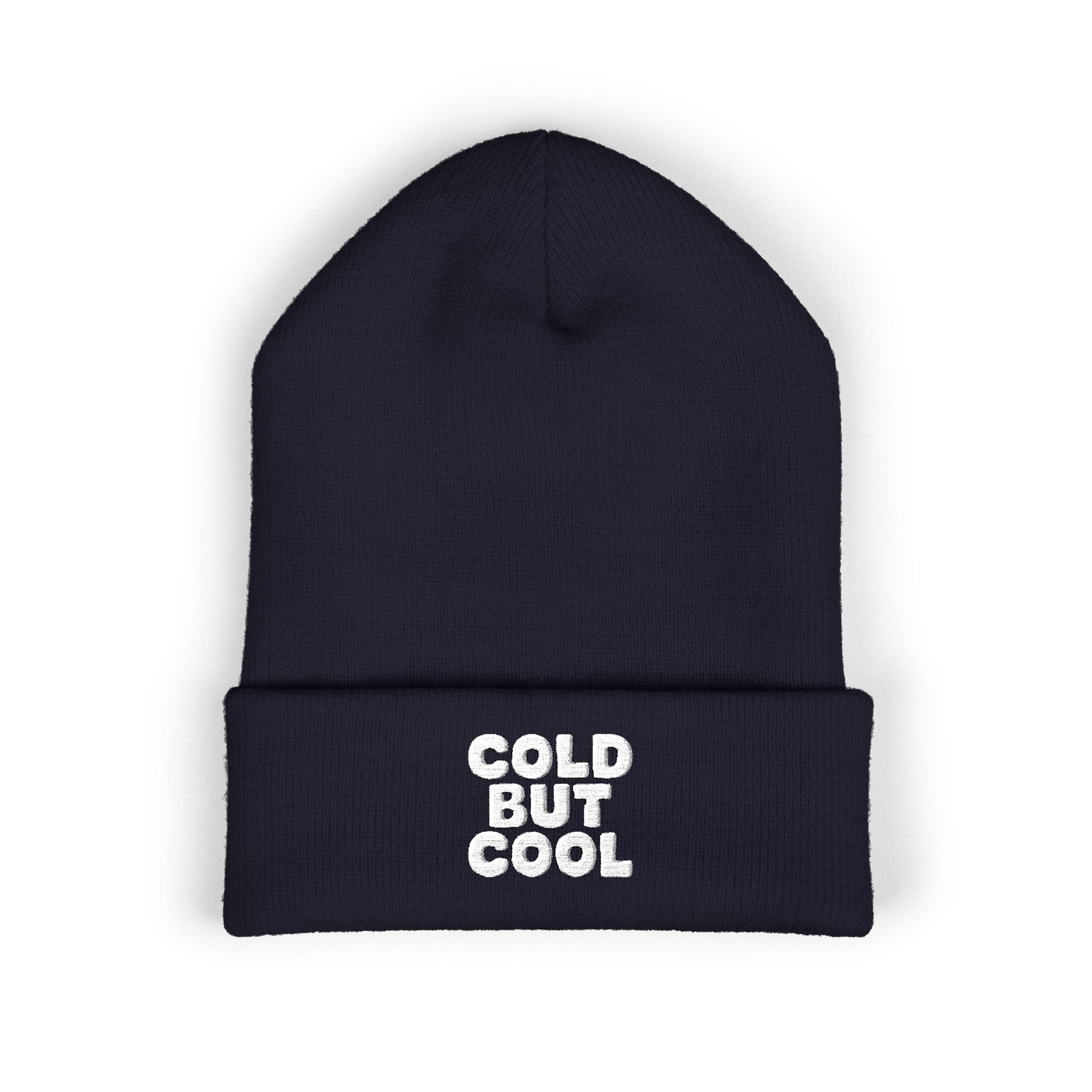 Navy beanie with 'Cold But Cool' text on a white background