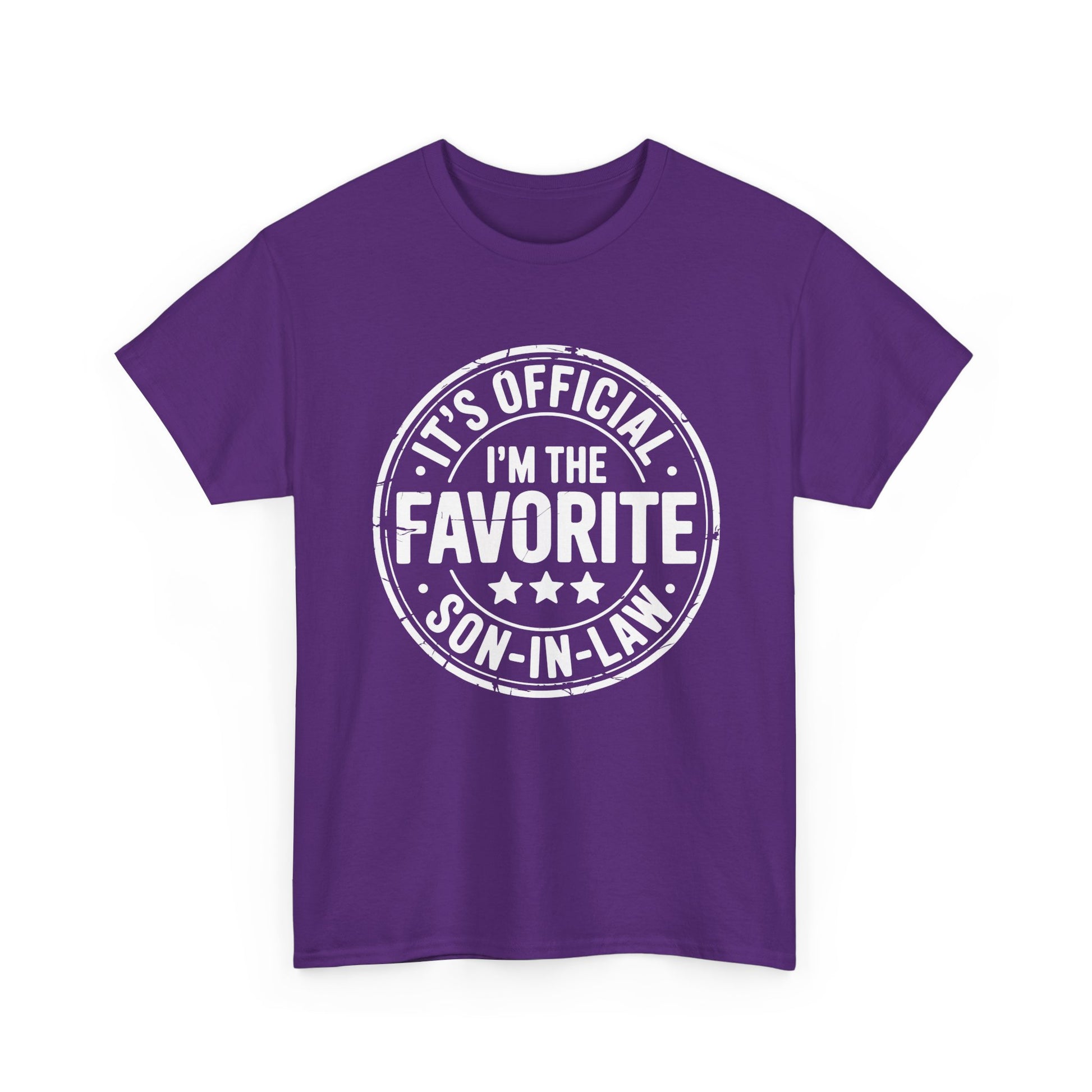 TEEZOCA purple “It’s Official I’m The Favorite Son‑in‑Law” playful in‑law gift t‑shirt shown flat.