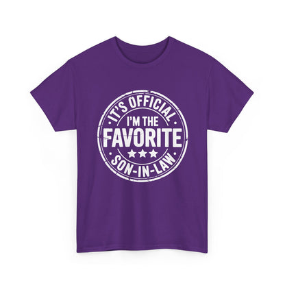 TEEZOCA purple “It’s Official I’m The Favorite Son‑in‑Law” playful in‑law gift t‑shirt shown flat.