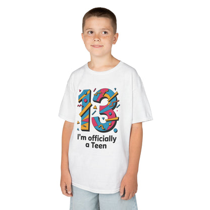 Child wearing a white t-shirt with colorful number 13 design and text on a white background