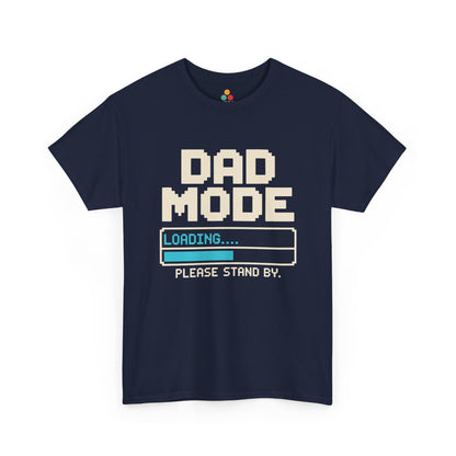 TEEZOCA navy “Dad Mode Loading Please Stand By” novelty gamer dad graphic tee shown flat.