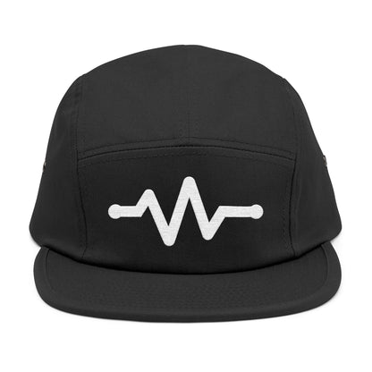 Black cap with a white wave design on a white background. . Minimal pulse line embroidered on black five-panel cap. TEEZOCA