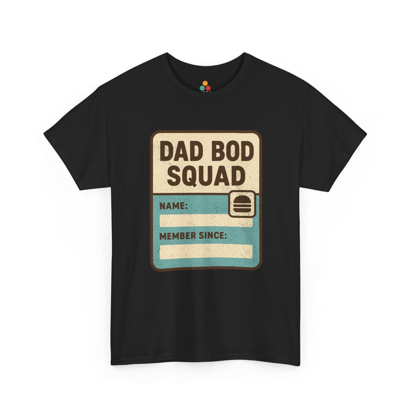 Black t‑shirt with cream and teal “Dad Bod Squad” badge design and burger icon, flat front view.