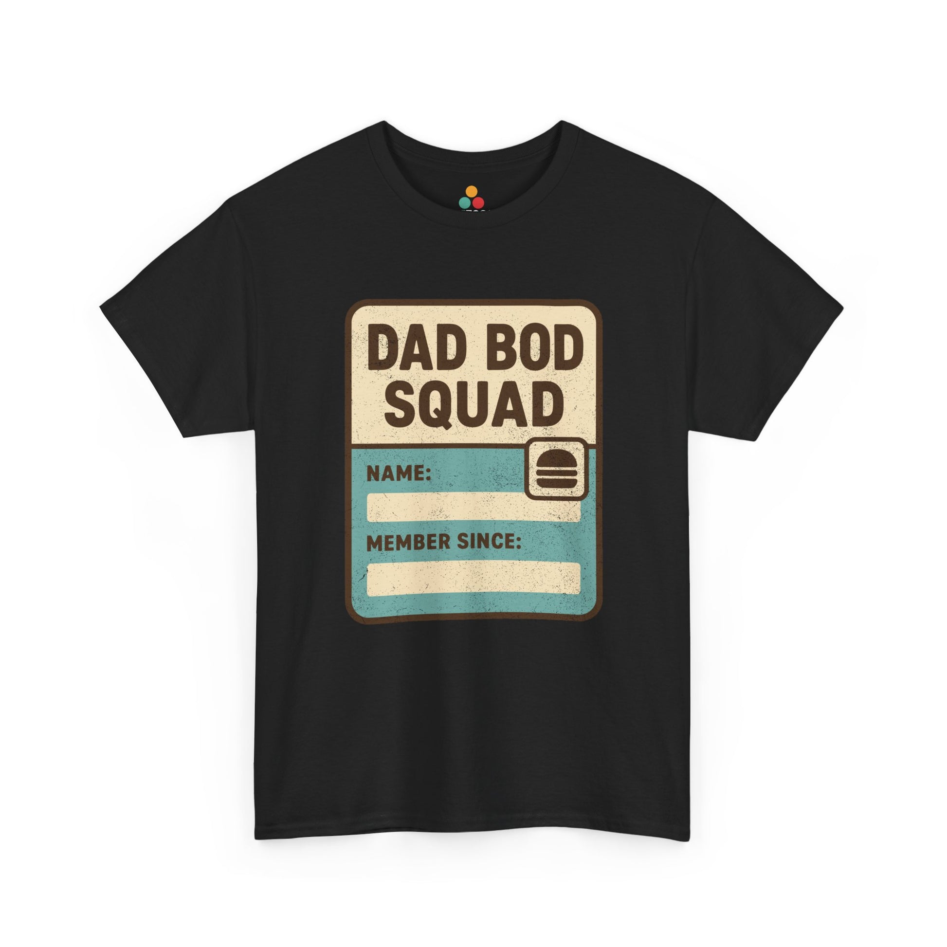 Black t‑shirt with cream and teal “Dad Bod Squad” badge design and burger icon, flat front view.
